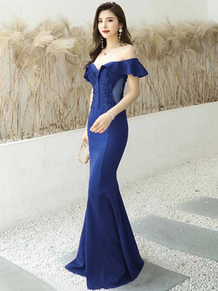 dark blue Вечернее платье с коротким рукавом, женские вечерние платья с открытыми плечами, элегантное вечернее платье с вырезом лодочкой и кристаллами F109 - Цвет: dark blue
