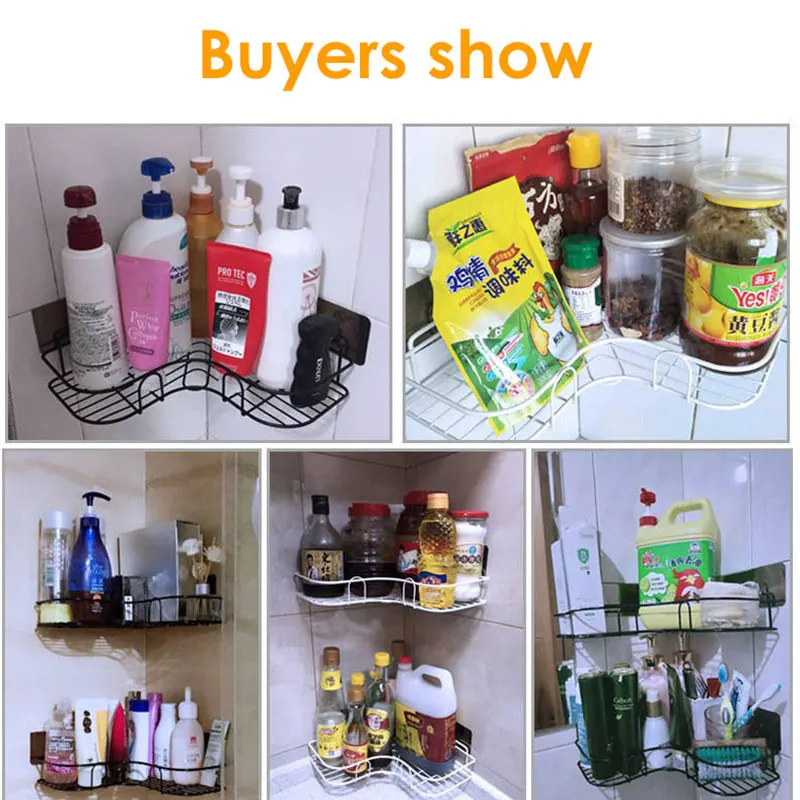

Bathroom Shower Shelf Punch Corner Frame Kitchen Wrought Iron Shampoo Storage Rack Holder with Suction Cup Bathroom Accessories