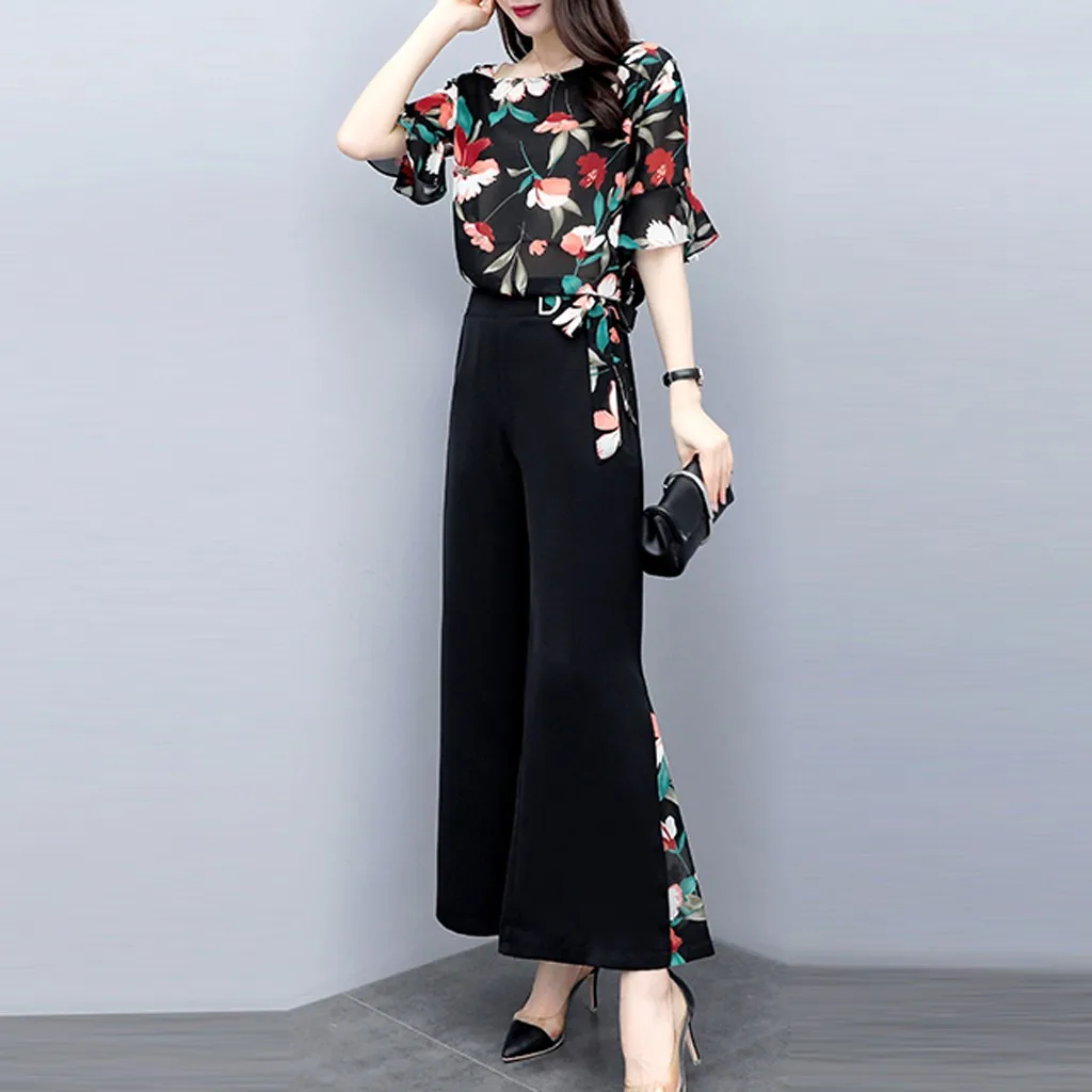 

Fashion Petal Sleeve Women's Suit Summer Lady Split 2 Piece Women's Clothing Set Elegant Chiffon Set Printing Suit