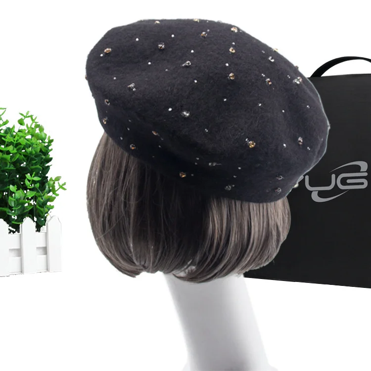 

Wholesale High Quality Wool Knitted Beret Woman Man Winter Warm Fashion Rhinestone Painter Caps