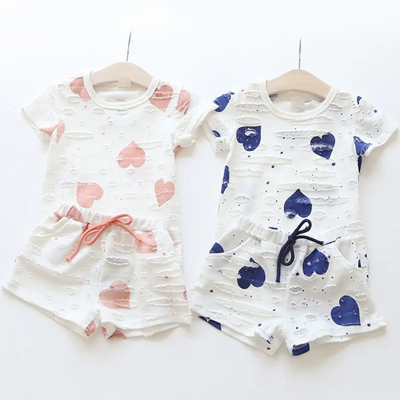 

2pcs/sets,Casual Kids Clothing Baby Girls Clothes Sets Summer Heart Printed Girl Tops Shirts + Shorts Suits Children's Clothing