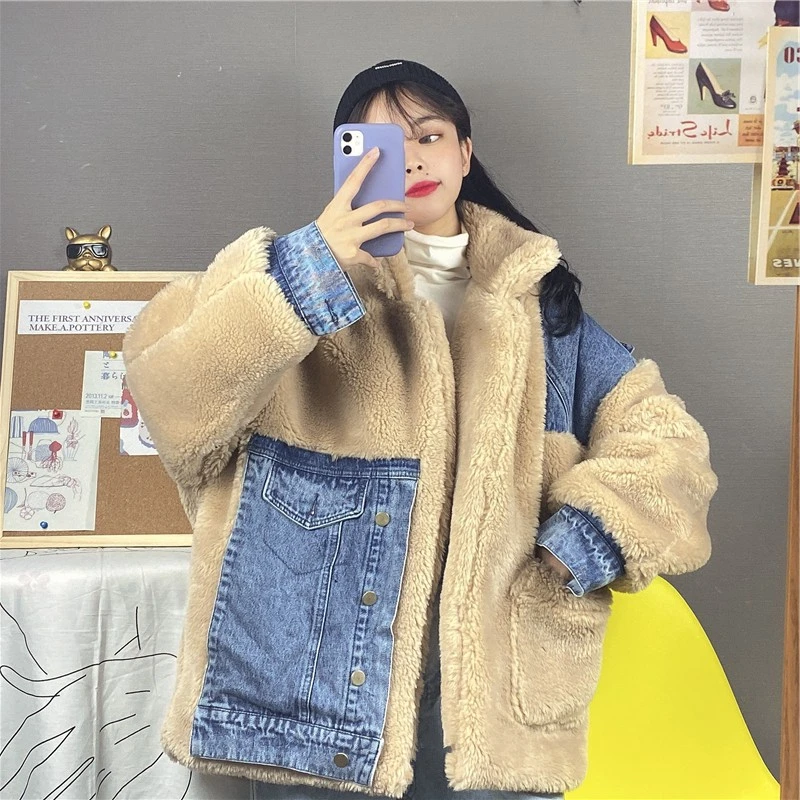 

Winter Coat Women Patchwork Denim Faux Lambswool Jacket 2020 Loose Fit Thick Warm Fleece Women's Jacket