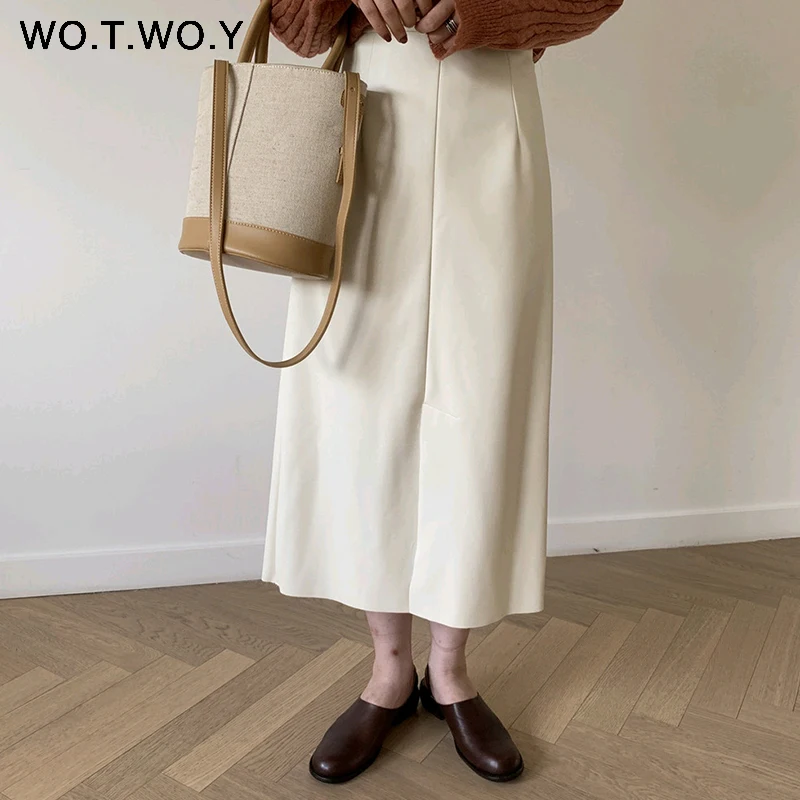 Женская юбка до середины икры WOTWOY Повседневная белая из искусственной кожи