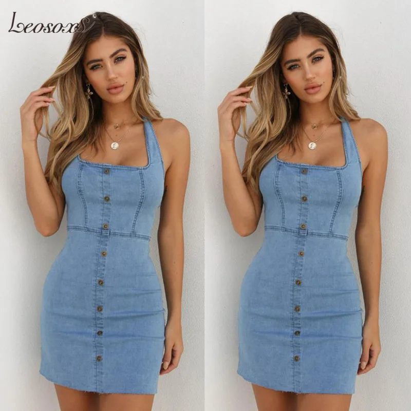 

Halter Bandage Backless Sexy Demin Slim Dress Women Blue Off Shoulder Short Bodycon Beach Dress Spring Summer Dress 2021