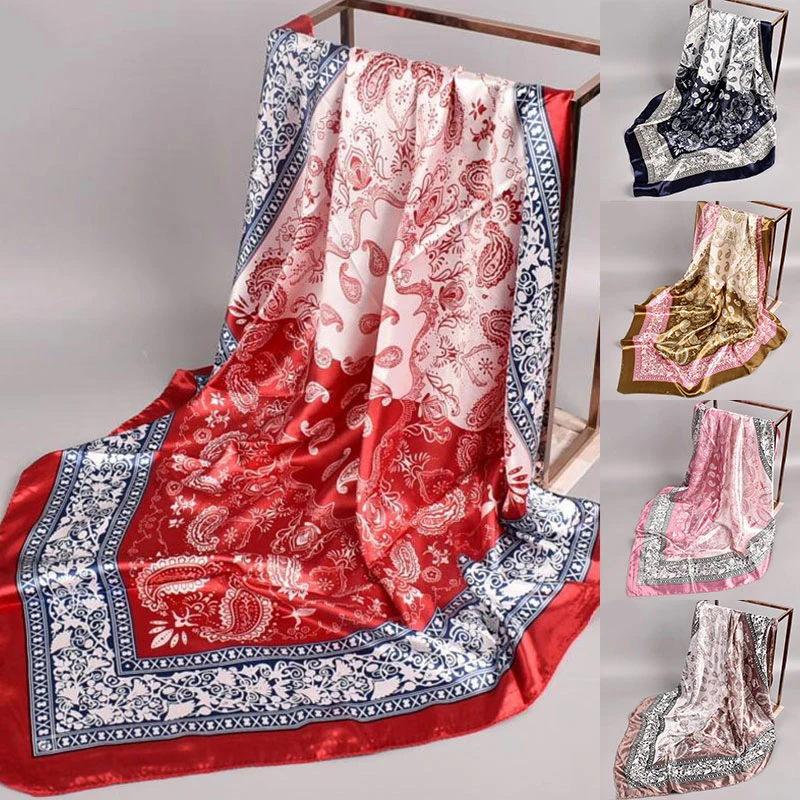 

Beach Hijab Shawls and Wrap Luxury Silk Satin Head Scarves Two-tone Cashew Flower Print Female Paisley 90*90cm Square Scarf