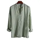 50% Прямая поставка! Мужская блузка однотонная дышащая льняная рубашка с воротником-стойкой для мужчин