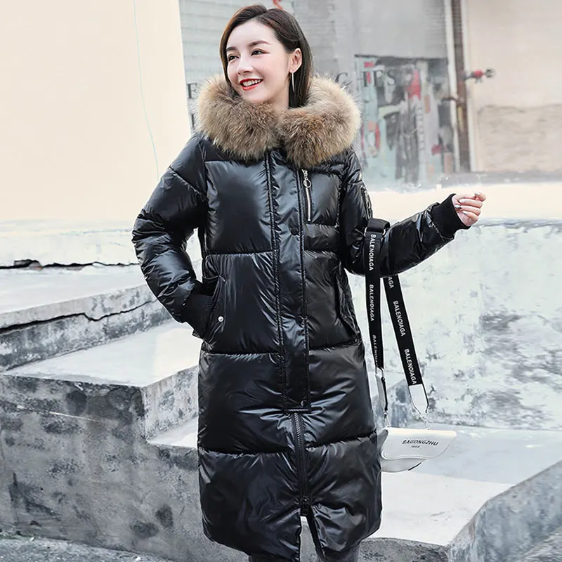 Lusumily Модные женские пуховики зимние длинные меховые воротники блестящие