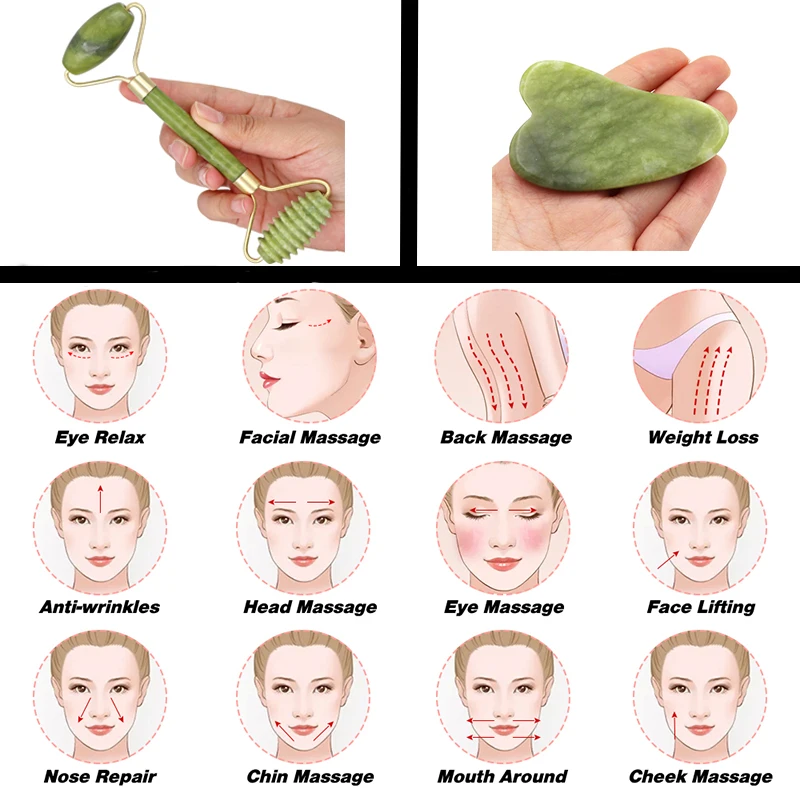 

Facial Massage Roller Guasha Board Natural Jade Stone Massager For Face Lift Body Skin Relaxation Slimming Beauty Neck Thin Lift