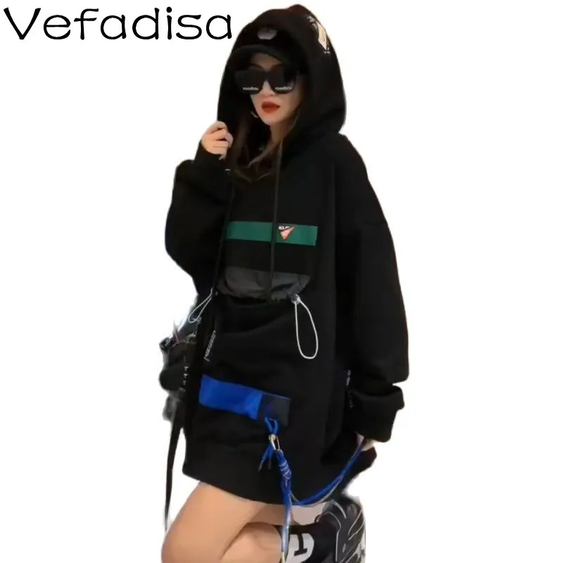 

Vefadisa Fashion Printed Patchwork Sweatshirt 2021 Autumn And Winter Thick Loose Mid-length Hooded Black Sweatshirt TT667