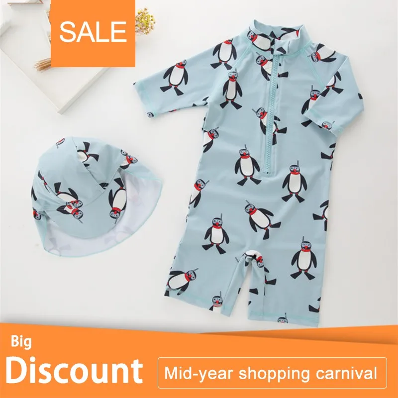 

New Summer Boy Baby Swimwear+Hat 2Pcs Set Penguin Animals Swimming Suit Infant Toddler Kids Children Swimwear Kids Beach Bathing
