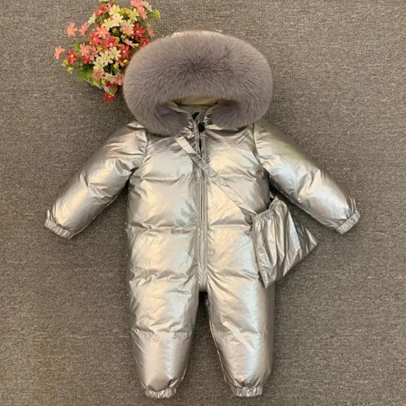 Зимний пуховый комбинезон для новорожденных, комбинезон с плюшевой подкладкой для детей, утепленная теплая верхняя одежда, пальто для маленьких мальчиков и девочек от 0 до 5 лет, зимний комбинезон - Цвет: silvery-d