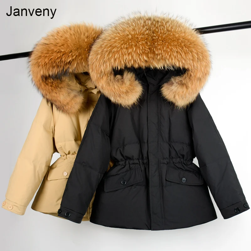 

Janveny Winter 90% White Duck Down Jacket Women 2021 Large Real Raccoon Fox Fur Collar Hooded Puffer Coat Female Feather Parkas