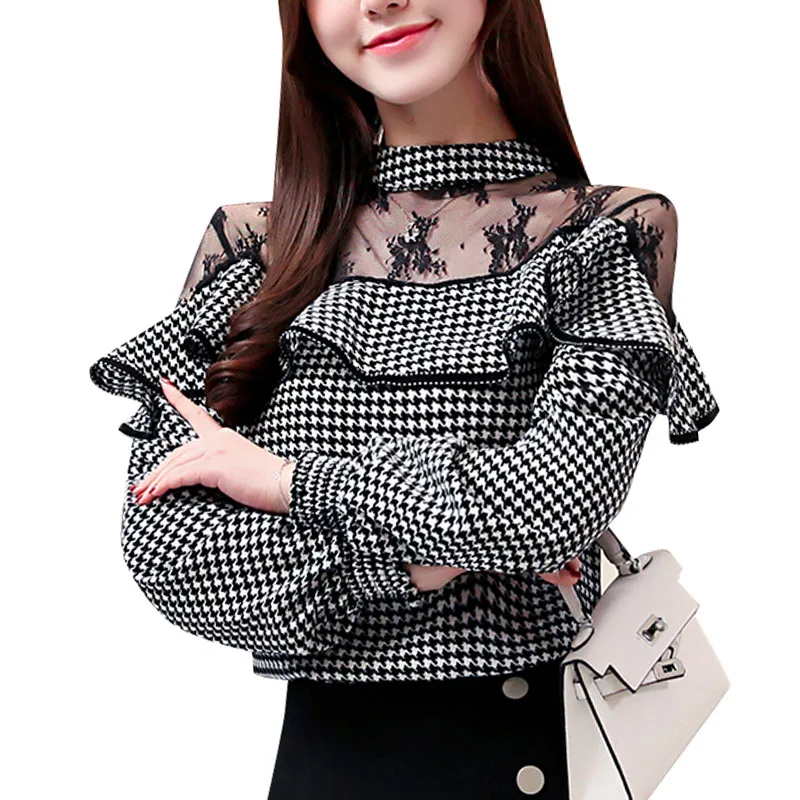 Женские Элегантные рубашки топы и блузки шифоновые кружевные оборки клетчатые с