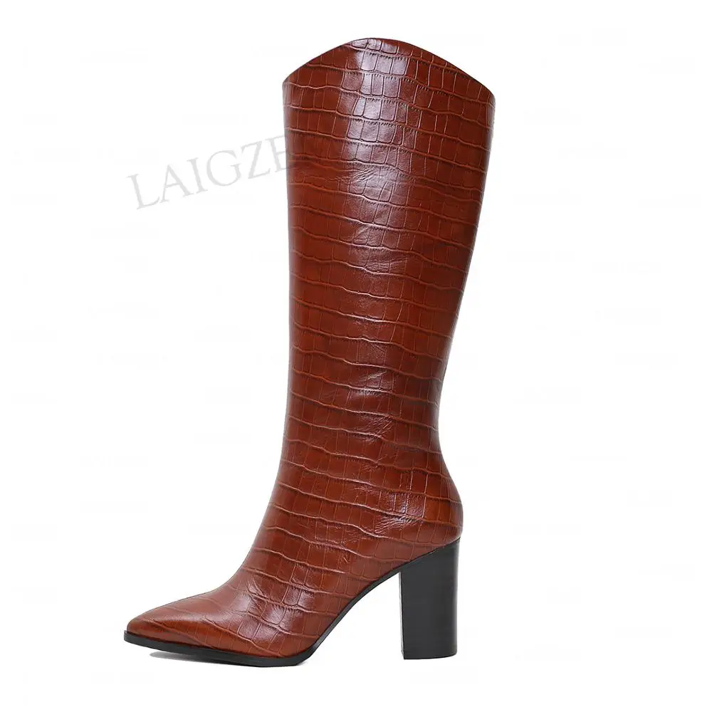 

LAIGZEM Celebrity Women Knee High Boots Full Genuine LEATHER Pull On 8CM Block Chunky Ladies Dress Shoes Woman Size 34 37 38 39