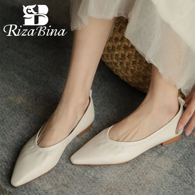 

RIZABINA Women Real Leather Shoes Pointed Toe Flats Shoes Women Shoes For Summer Casual Slip On Footwear Sixe 34-39