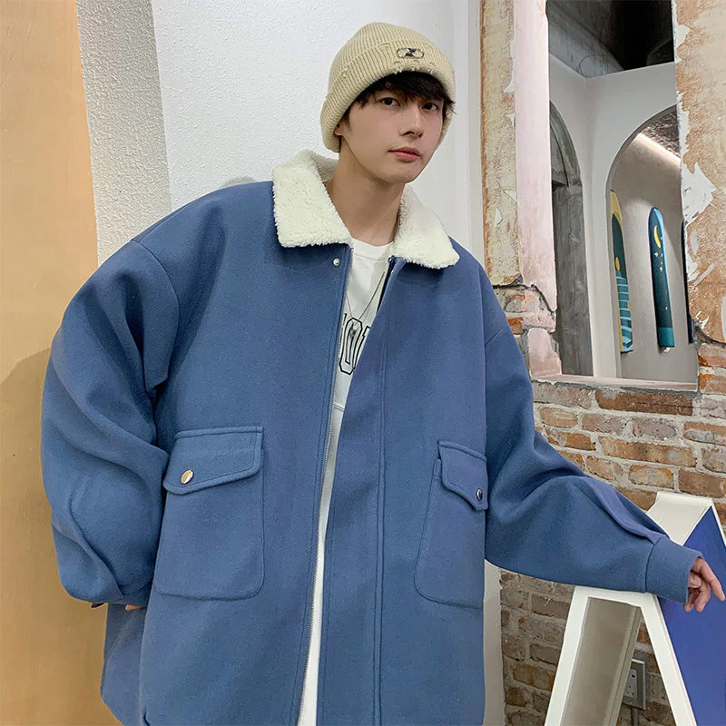 2021 Winter Men's Loose Thicken Lamb Coats In Warm Wool Parkas Lapel Collar Cotton-padded Clothes Blue/black/green Trench S-2XL