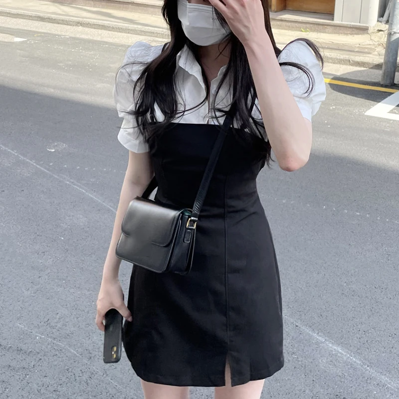 

Summer Dress Suits Two Piece Set Women Outfits Short Sleeve Shirt and High Waist Back Lace-up Bodycon Mini Dress 2 Piece Sets