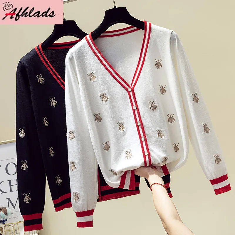 

Женский однобортный Кардиган с вышивкой пчелы, трикотажный свитер с длинным рукавом и V-образным вырезом, осень 2019
