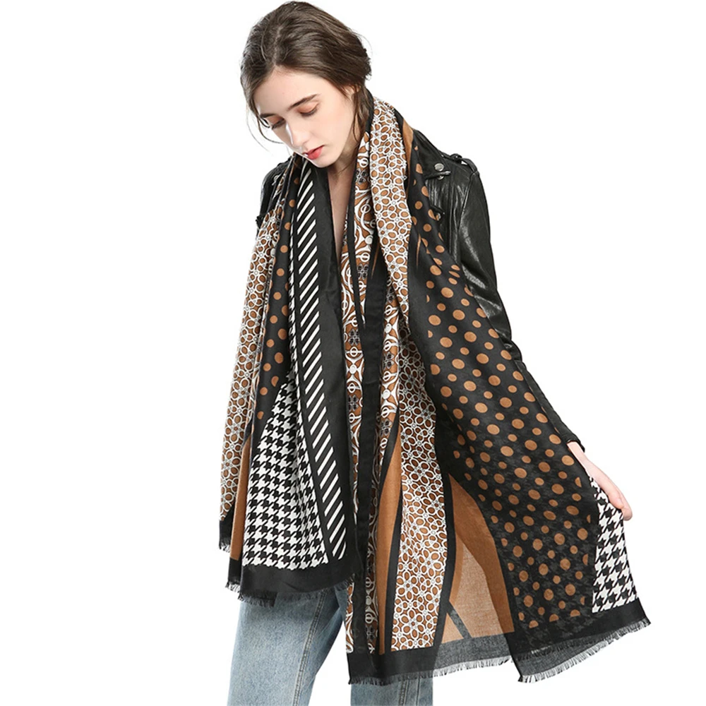 

Autumn and Winter Fashion Plaid Polka Dot Scarf Women's Wild Stitching Cotton Comfortable Bib Shawl Long Beach Shawl Headscarf