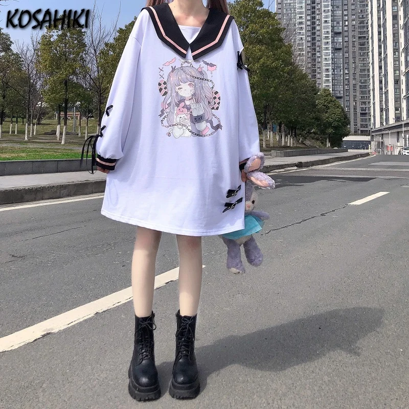 

KOSAHIKI Japanese Sweatshirt Dress Women Elegant Sweet Kawaii Hollow Out Long Hoodie Female Casual Patchwork Korean Robe