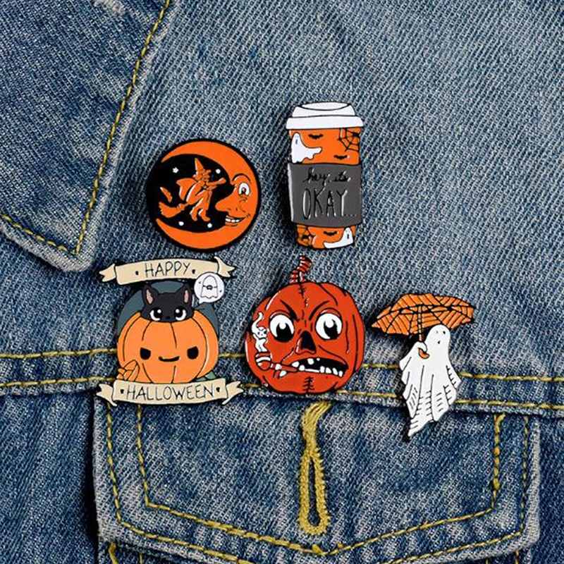 Halloween Enamel Pin Coffee Moon Ghost Pumpkin Umbrella Brooches Backpack Clothes Lapel Gift | Украшения и аксессуары