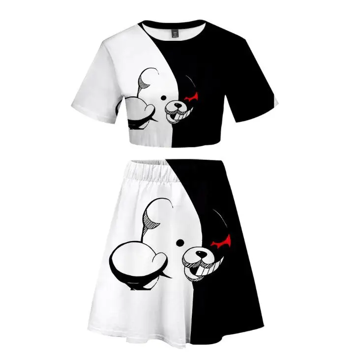 

Anime Danganronpa Monokuma Women 3D Digital Print Navel Short Sleeve Skirt Set