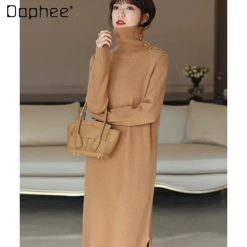 

Women's Turtleneck Knit Dress Autumn and Winter 2021 New Gentle Loose Button Inner Wear Overknee Knitted Dresses Outer Wear