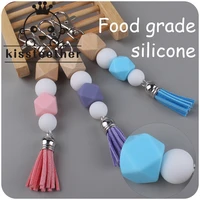 kissteether new creative diy tassel pendant contrasting color beech wooden silicone bead keychain pendant bag pendant toy gift