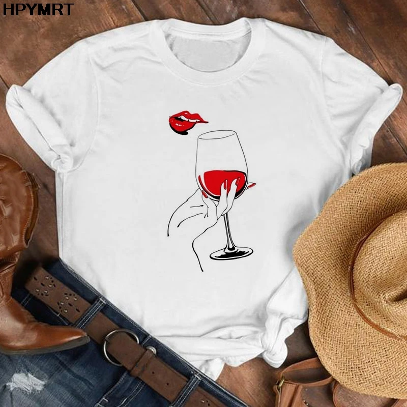 

Sexy lips wine glass Print T-shirt Women Harajuku Aesthetic White Tops Casual Tshirt 2021 Summer Korea Style Kpop Female T Shirt