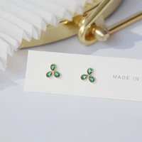 tiny green crystal 3 leaves earrings for women feminia korean plated 14k real gold stud earrings wedding engagement accessories