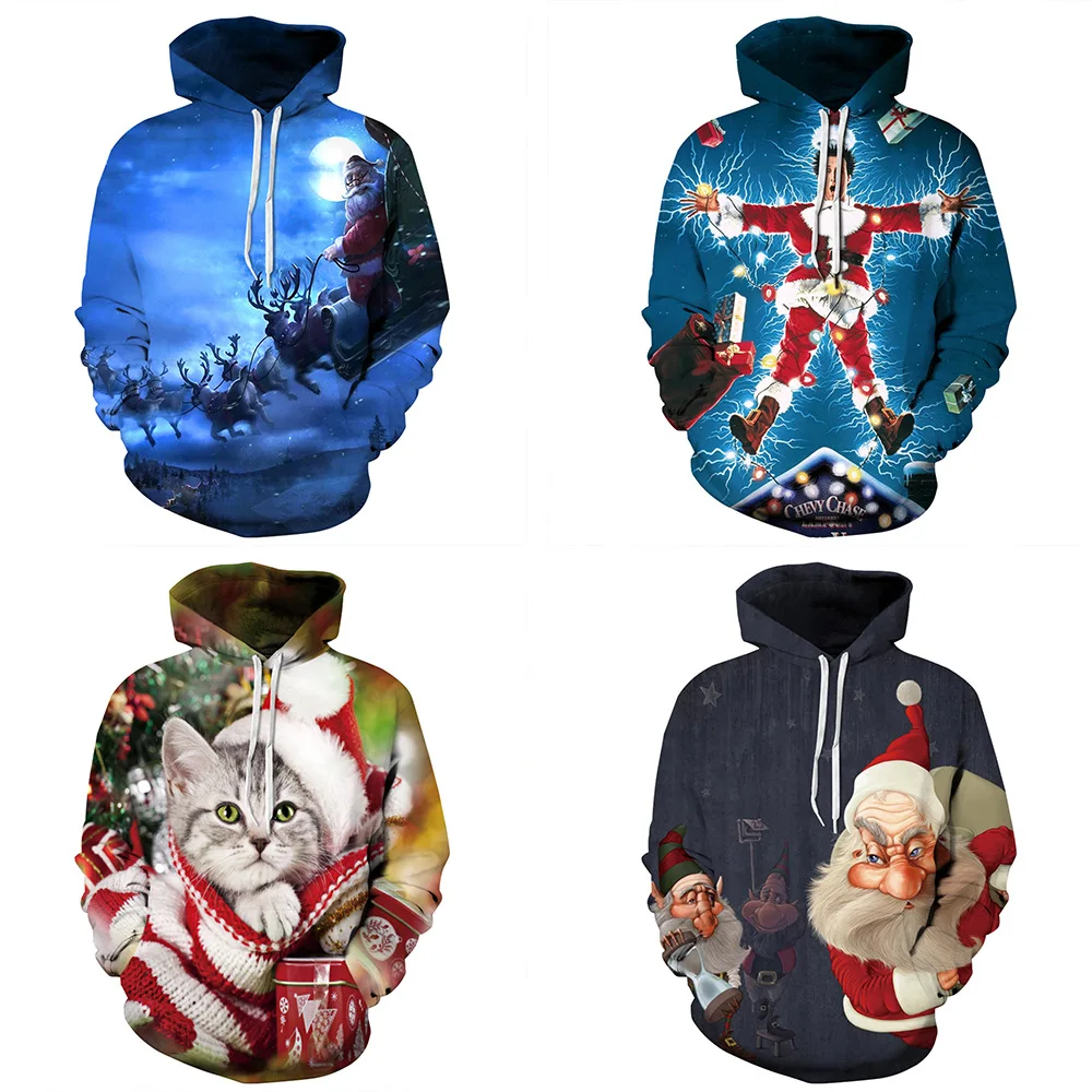 

Women Men New Year Santa Claus 3D Printed Hoodies Adults Halloween Cosplay Costumes Party Role Playing Dress Up Hooded Top