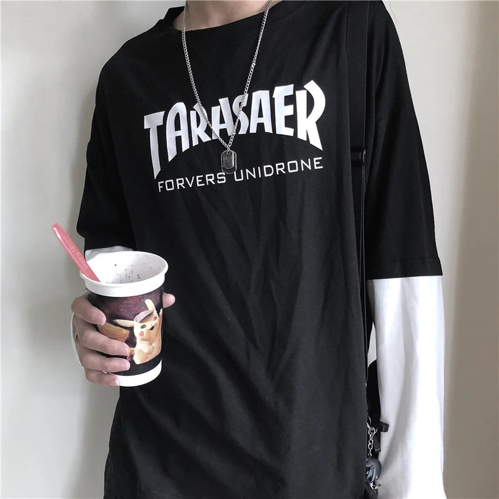 

Youth Tops Spring Clothes Long-sleeved Taras Aer T-shirt Fake Two Pieces Harajuku Tshirts Hip-hop Trendy Unisex Tee Shirt Loose