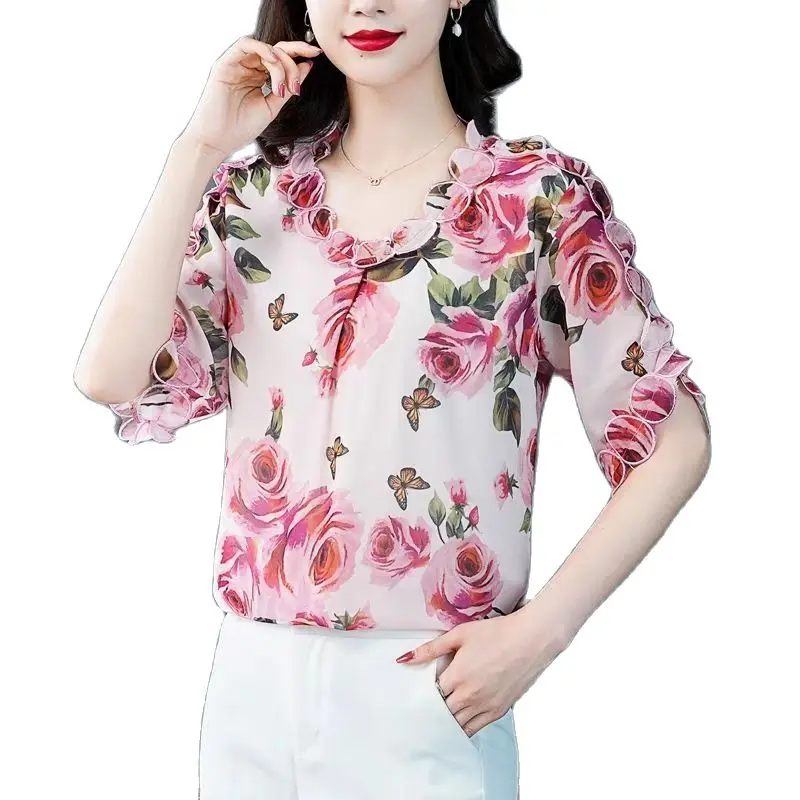 

Spring Summer Chiffon Women Fshion Loose Short Sleeve Casual Blouses Shirts O-Neck Print Tops Blusas DM0217