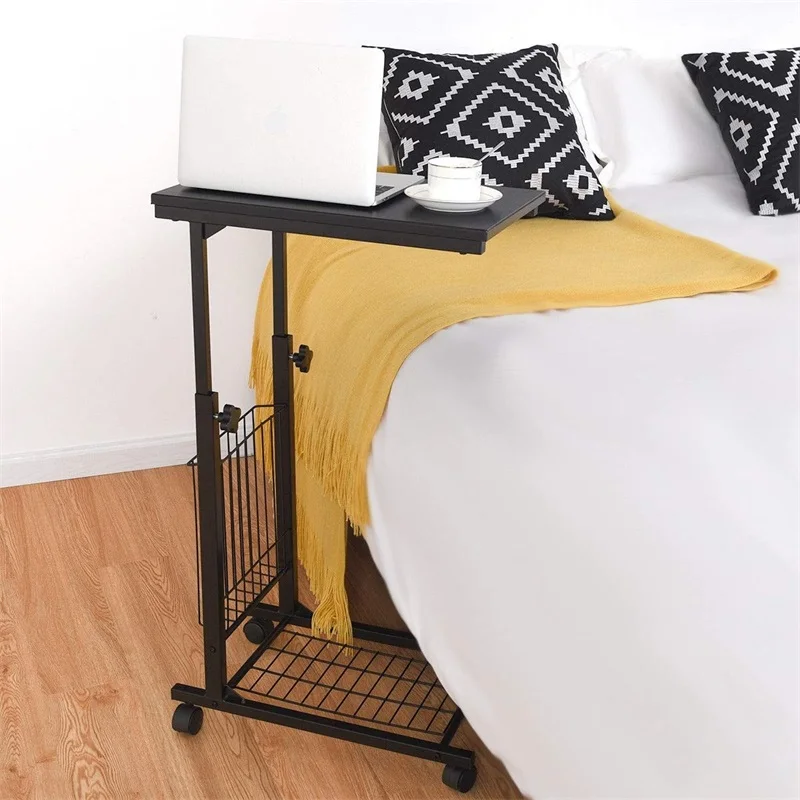 C Shaped Height Adjustable Sofa Side Snack End Table Compact Size Sturdy Steel Frame Storage Mesh Rolling Caster Tables HW59245 | Мебель