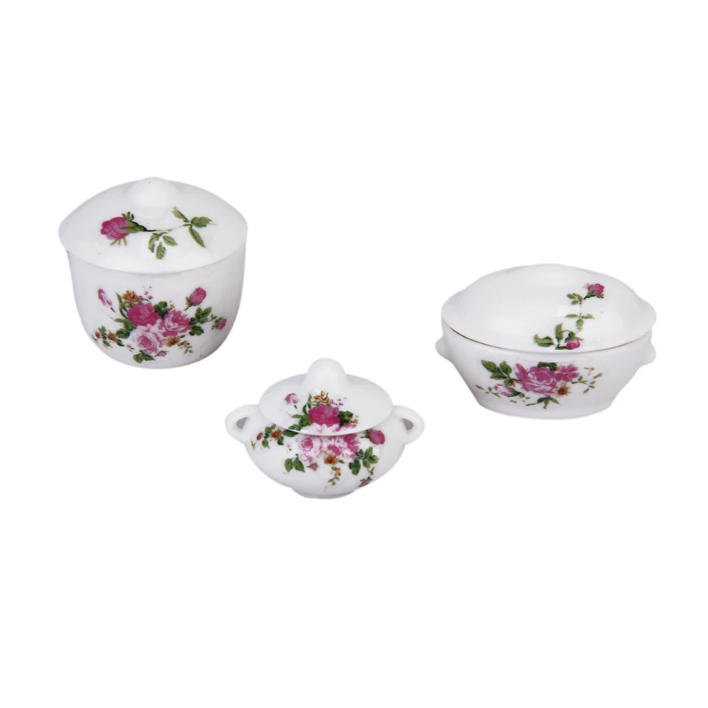 

3pcs Floral Casserole Pot Bowl with Lid Dollhouse Miniature Kitchen Decor