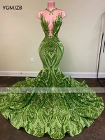 green sparkly sequin lace mermaid long prom dresses 2022 sexy see through sleeveless african women black girl evening gala gowns