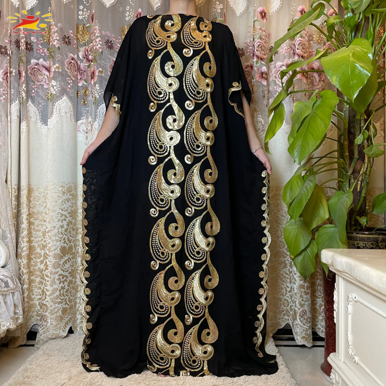 Vestido de flores bordado africano con bufanda de gran tamaño para mujer, ropa negra larga bordada con lentejuelas musulmanas, novedad de 2021