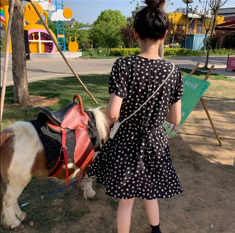 Женское шифоновое мини-платье милое черное платье с круглым вырезом и цветочным