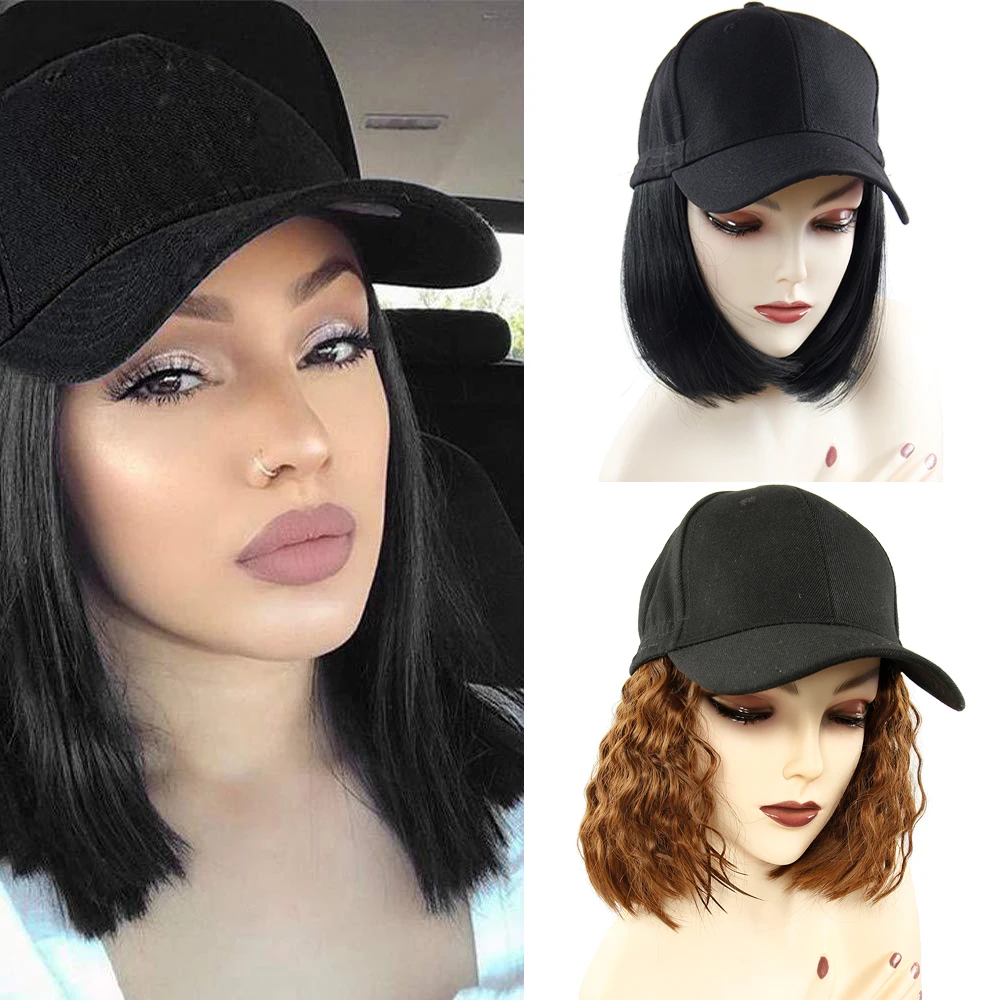 Baseball Cap Short Wigs for Women Heat Resistant Fiber Black Hair Wig Brown Synthetic Bob Sale | Шиньоны и парики
