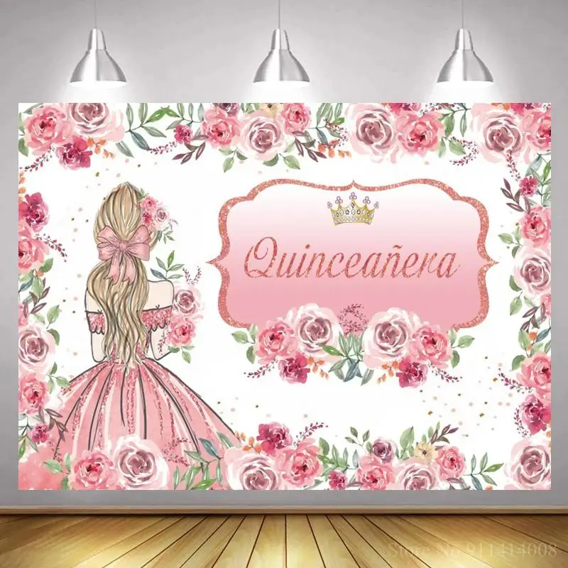 

Pink Beauty Flowers Sweet 15 16TH Quinceanera Prom Birthday Party Backdrops Wall Poster Photography Girl Princess Backgrounds