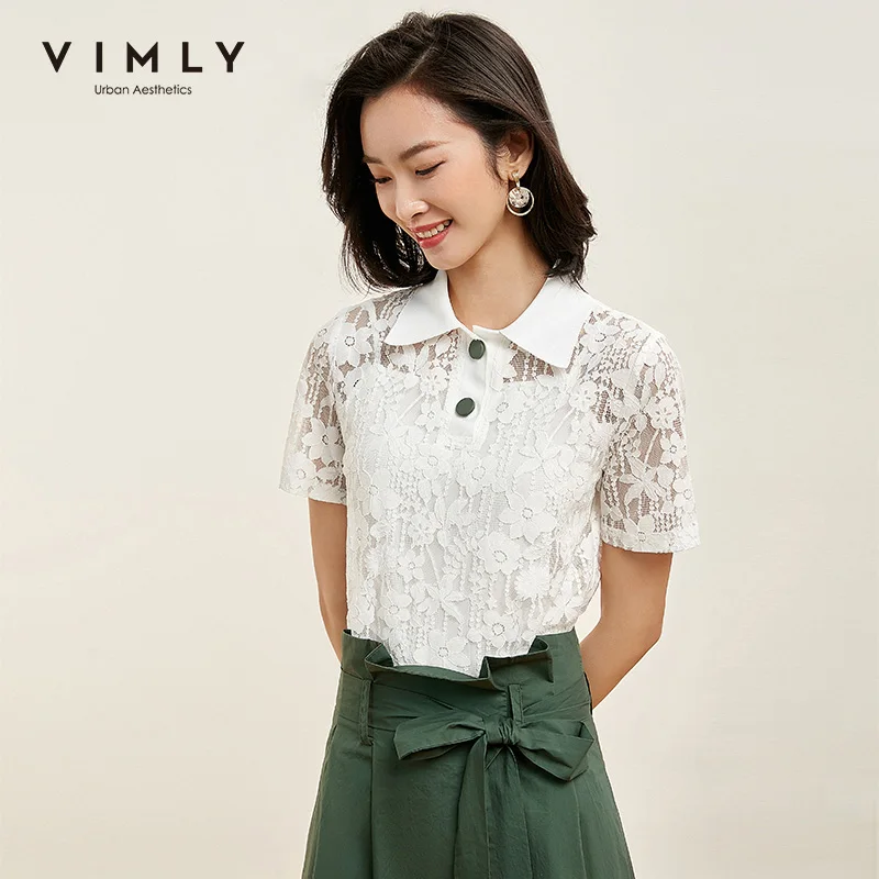 Женская блузка с цветочной вышивкой Vimly Офисная Свободная лацканами модель F0795 на