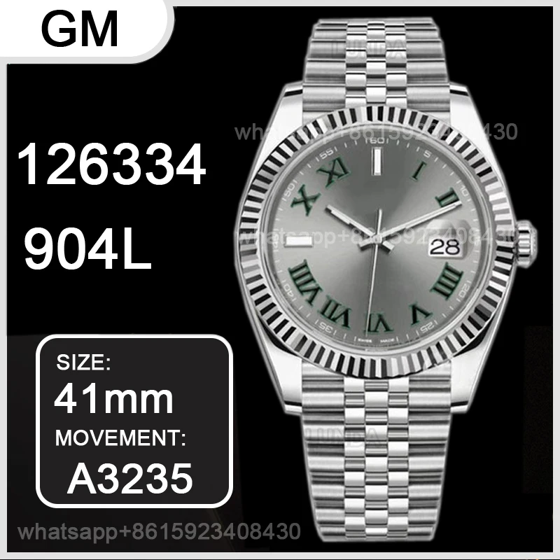 

Men's Mechanical Watch 41MM DateJust 126334 SS GMF 1:1 Best Edition Gray Dial Green Roman Markers on Oyster Bracelet A3235 Clone