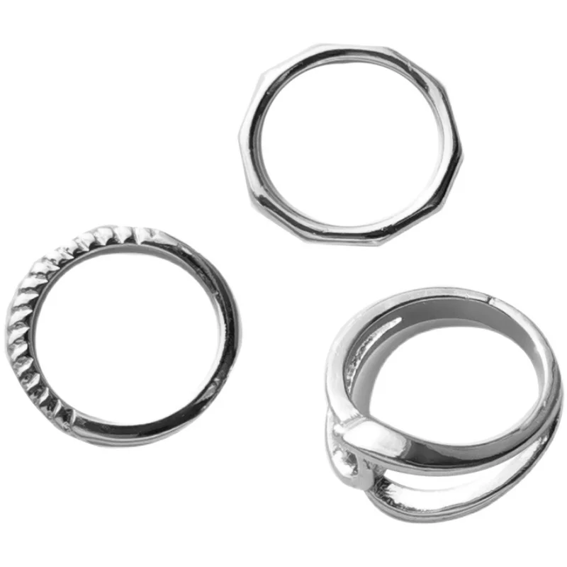 

Trendy Jewelry 3 PCS Set Rings Popular Style Hip Pop Metal Alloy Silvery Plating Hollow Round Finger Rings For Women Gifts