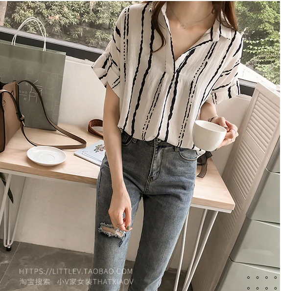 New 2020 Summer V Collar Stripe Printing Casual Women Blouse Shirt Chiffon Short Sleeve Sexy Female Clothing Blusas Tops | Женская