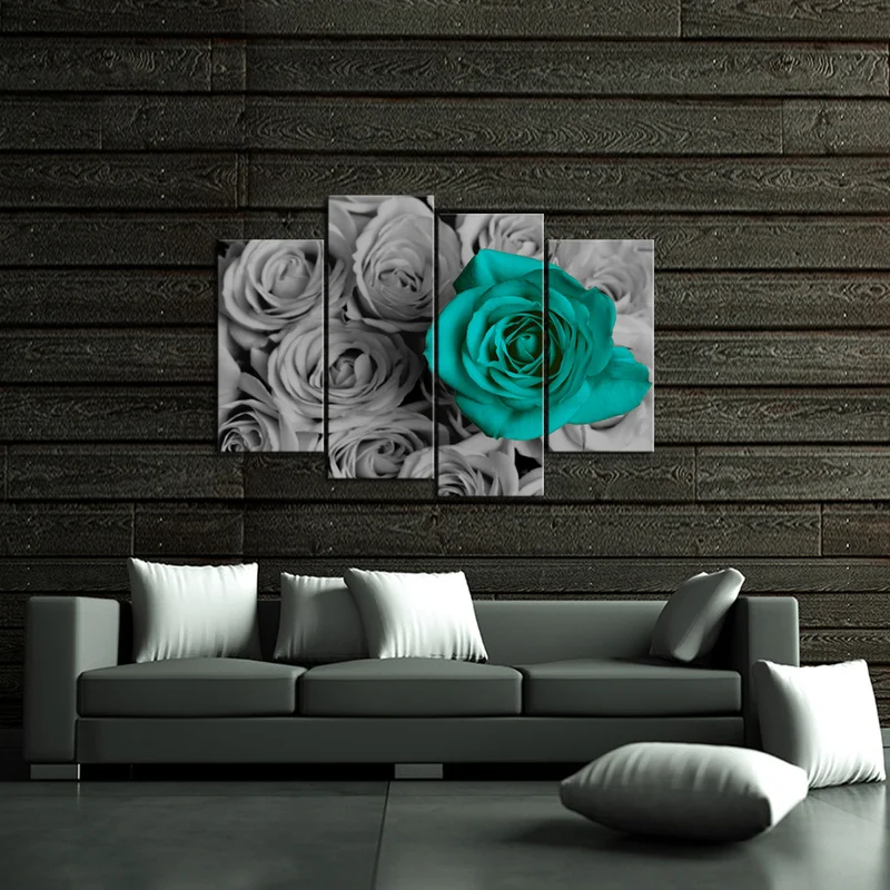 

4 Pieces Canvas Posters and Prints Bedroom Blue and Black Roses Print Home Decor Poster HD Painting for Room Decoration