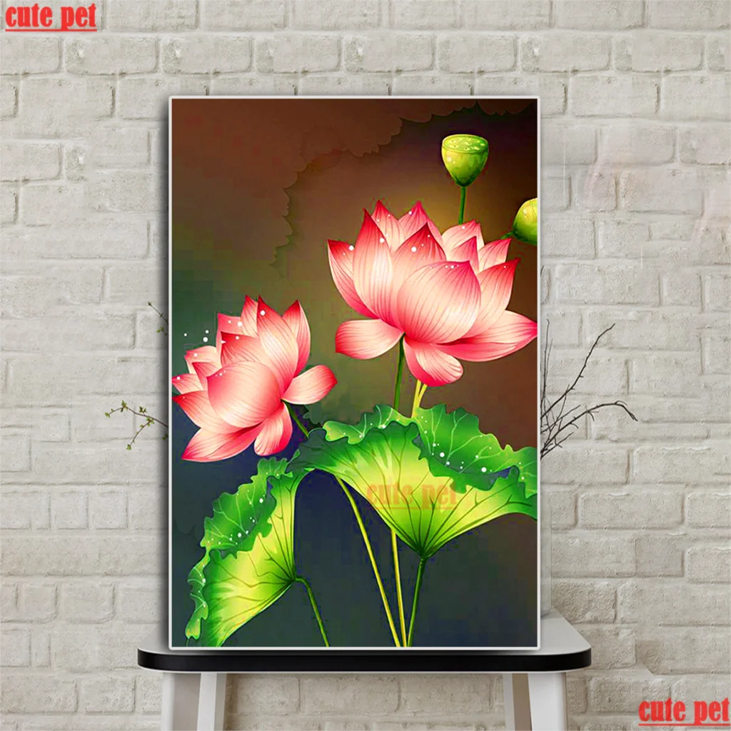 

Алмазная 5d Вышивка крестиком с изображением милого питомца, листья лотоса, «сделай сам», картина из страз в подарок, квадратная Алмазная Кру...