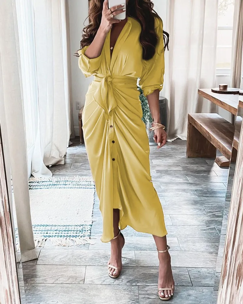 

Leaf Pattern Print Tied Detail Ruched Shirt Dress