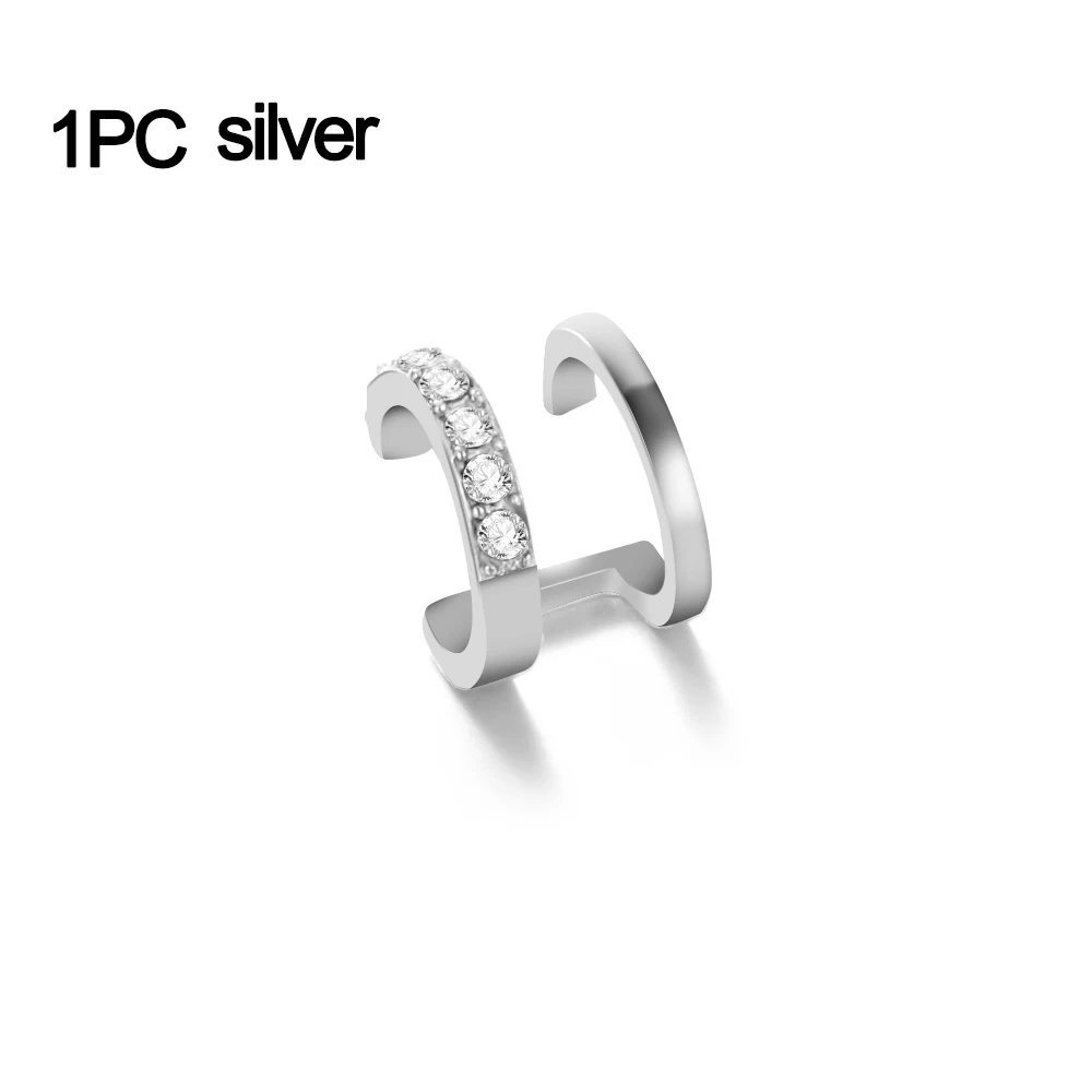 Silver 1PC 1/3 шт модные серьги в стиле панк с кристаллами и геометрическими ушами на клипсах, CZ манжета, не пирсинг, клипсы, двойная полоса, серьги-манжеты, стразы, ювелирные изделия - Окраска металла: Silver 1PC