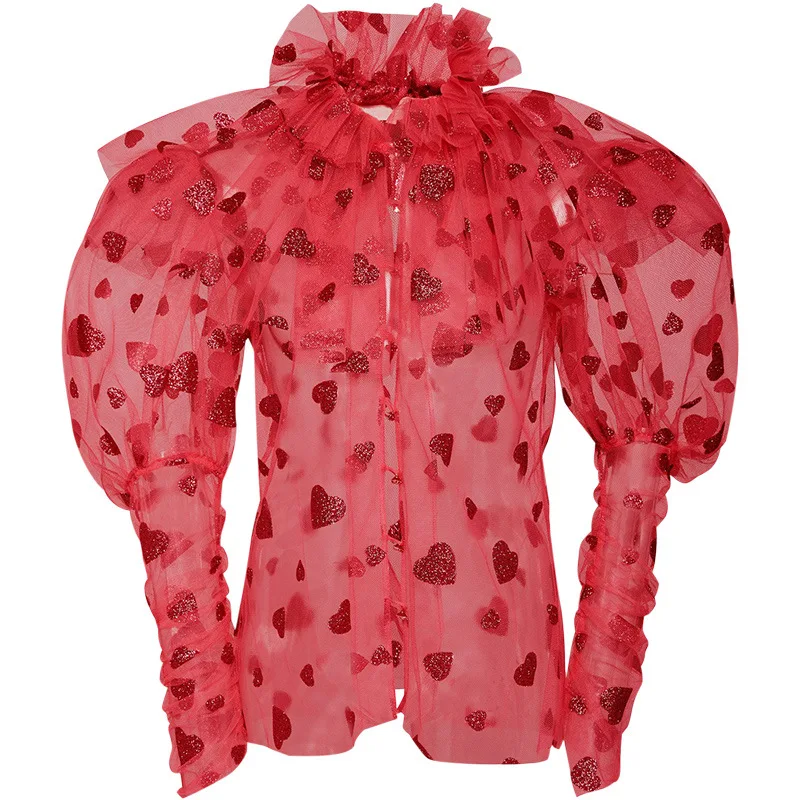 

SHENGPALAE Elegant Mesh Printed Blouse Women's Summer 2021 New Stand Collar Single Breasted Long Sleeve Shirt Female Tide 5C960