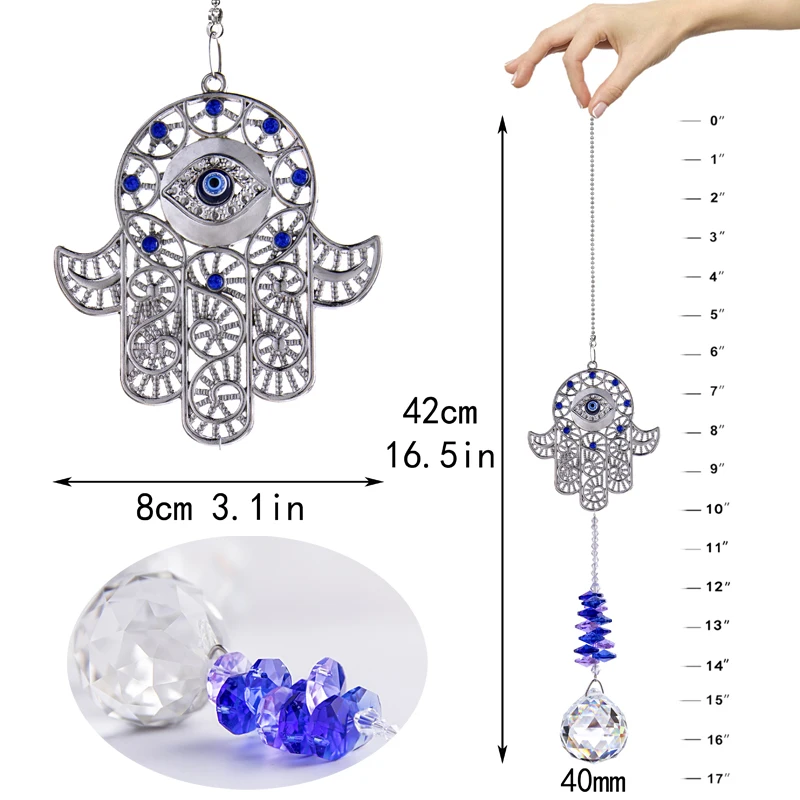

H&D Window Hanging Crystal Suncatcher Ornament with Hamsa Hand Blue Evil Eye Protection Charms For Home Garden Decorations